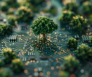 Image représentant une puce d'ordinateur mixée avec de la végétation rappelant l'important de se former au numérique responsable